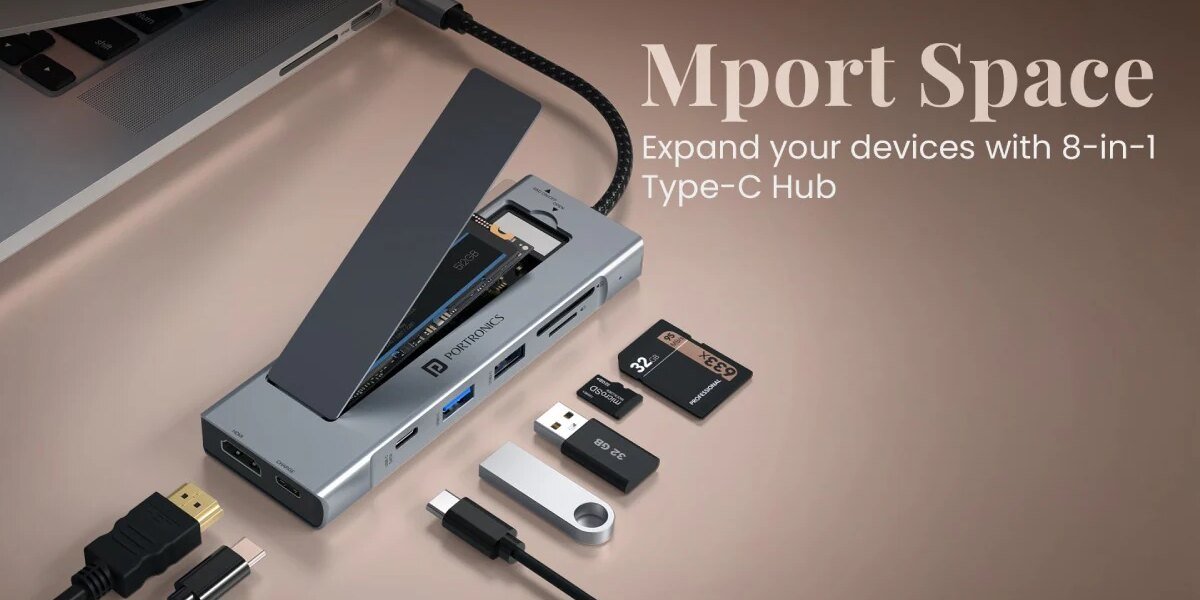 Portronics Mport Space 8 in 1 USB Type C Hub Launch in India Price M.2 SSD Slot 4K HDMI 100W PD Specs Details