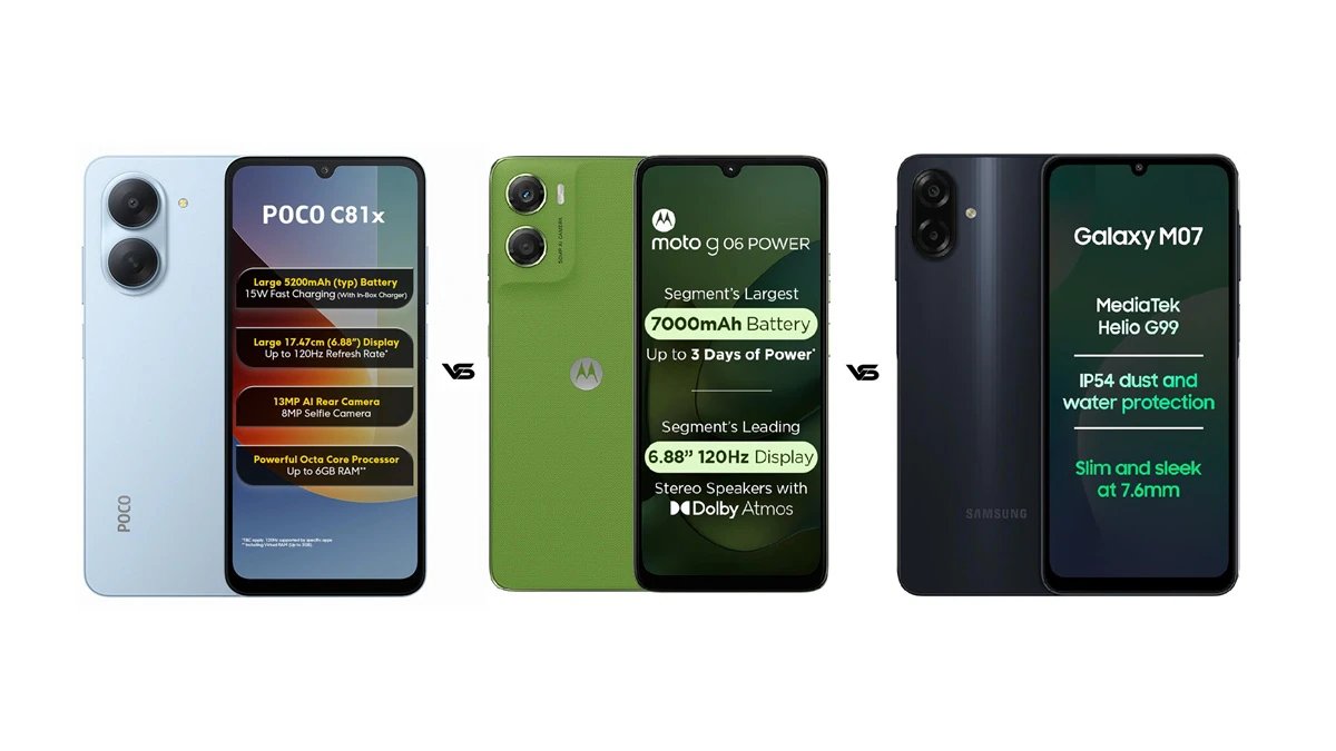 Poco C81X vs Moto G06 Power vs Samsung Galaxy M07 જાણો કયો ફોન 10K હેઠળ શ્રેષ્ઠ છે